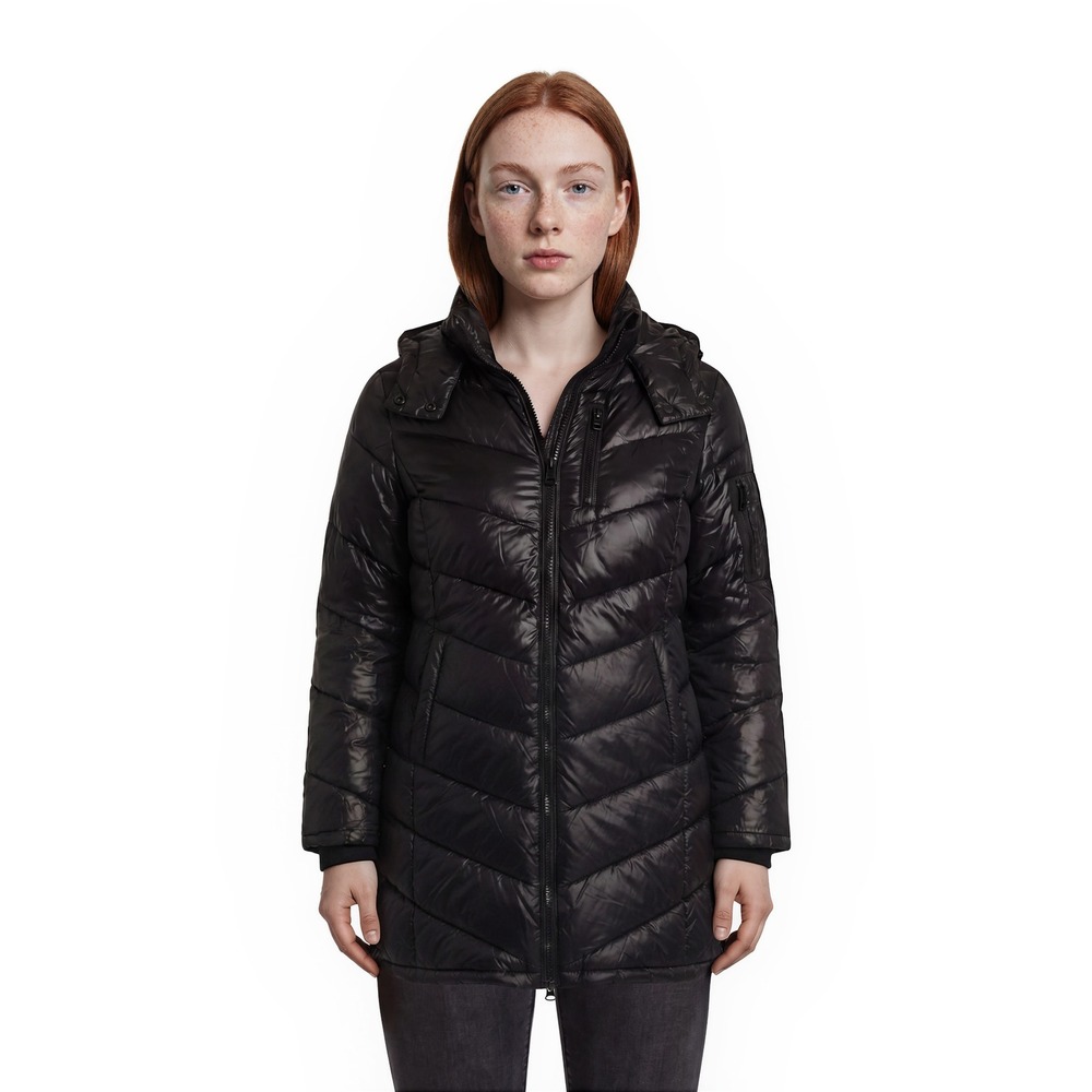 Andrew Marc Puffer Jacket Women's Size Large Black Packable Down Parka Coat Hood